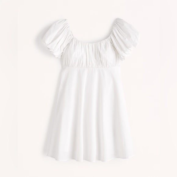 Abercrombie & Fitch 🤍 Scoop Neck Ruched Puff Sleeve Dress in White, Medium - Picture 4 of 11
